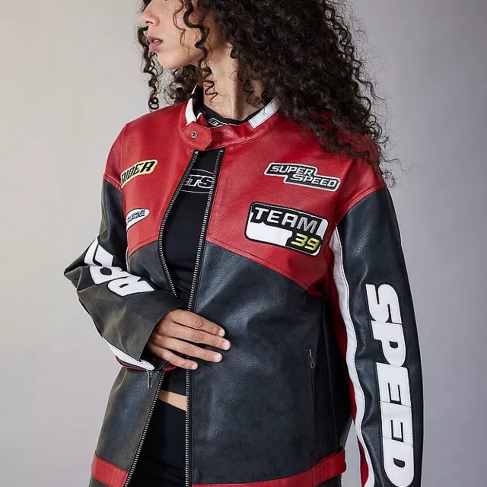 Urban Outfitters iets frans Oversized Patch Racer Moto Jacket